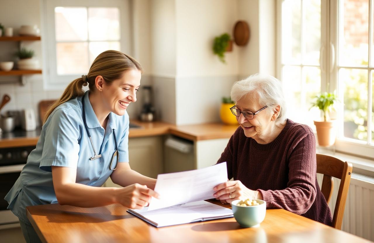 Helferin und Seniorin gehen gemeinsam Unterlagen durch